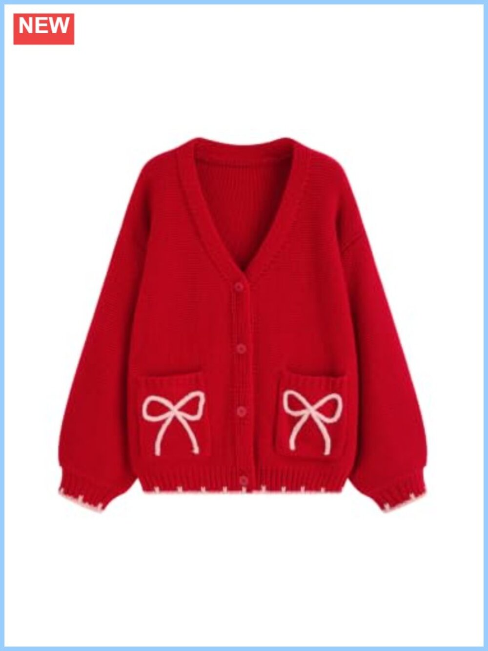 Oversized Bow Print Cardigan Chunky Knit V Neck Long Sleeve Sweater